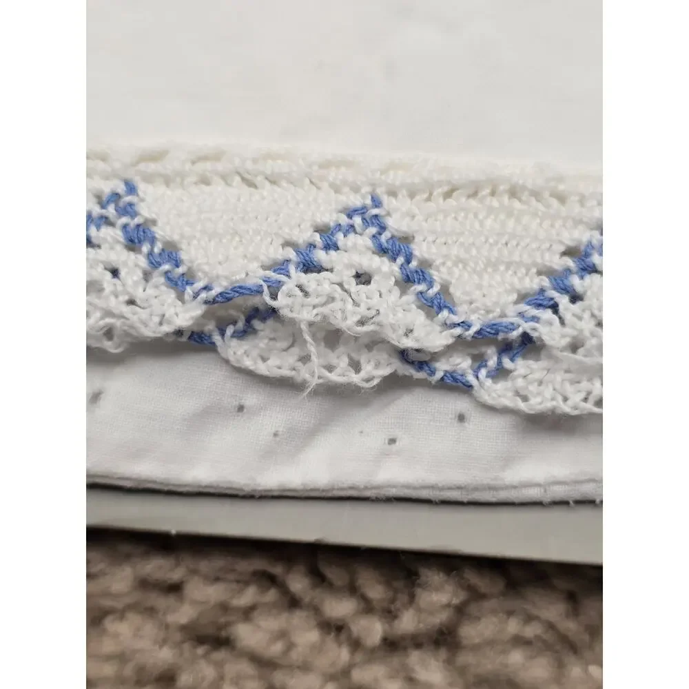 Vintage Embroidered His and Hers Pillowcases Blue Floral Crochet Trim Pair Set